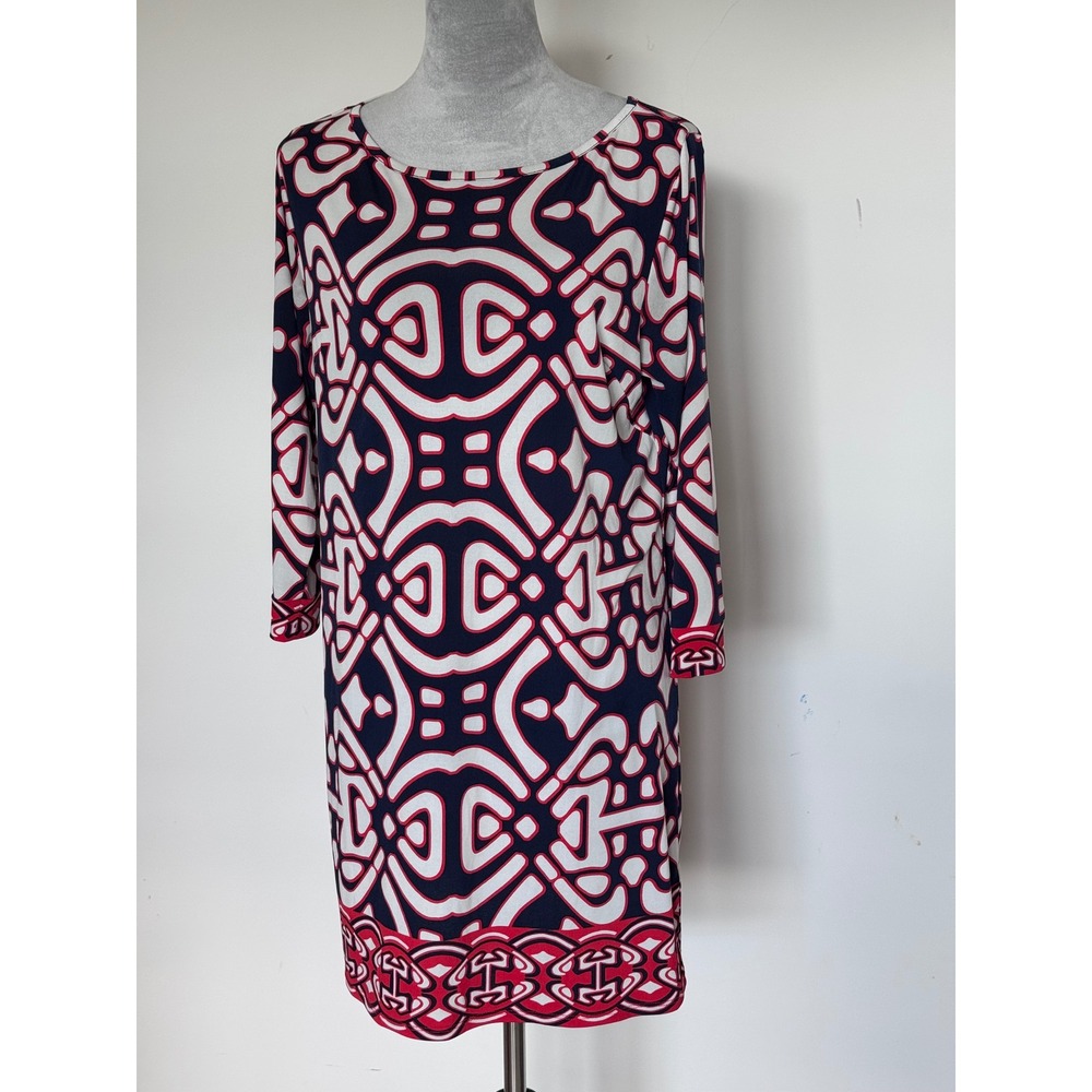 Laundry by Design Geometric Print Navy Red White Long Sleeve Shift Dress 10